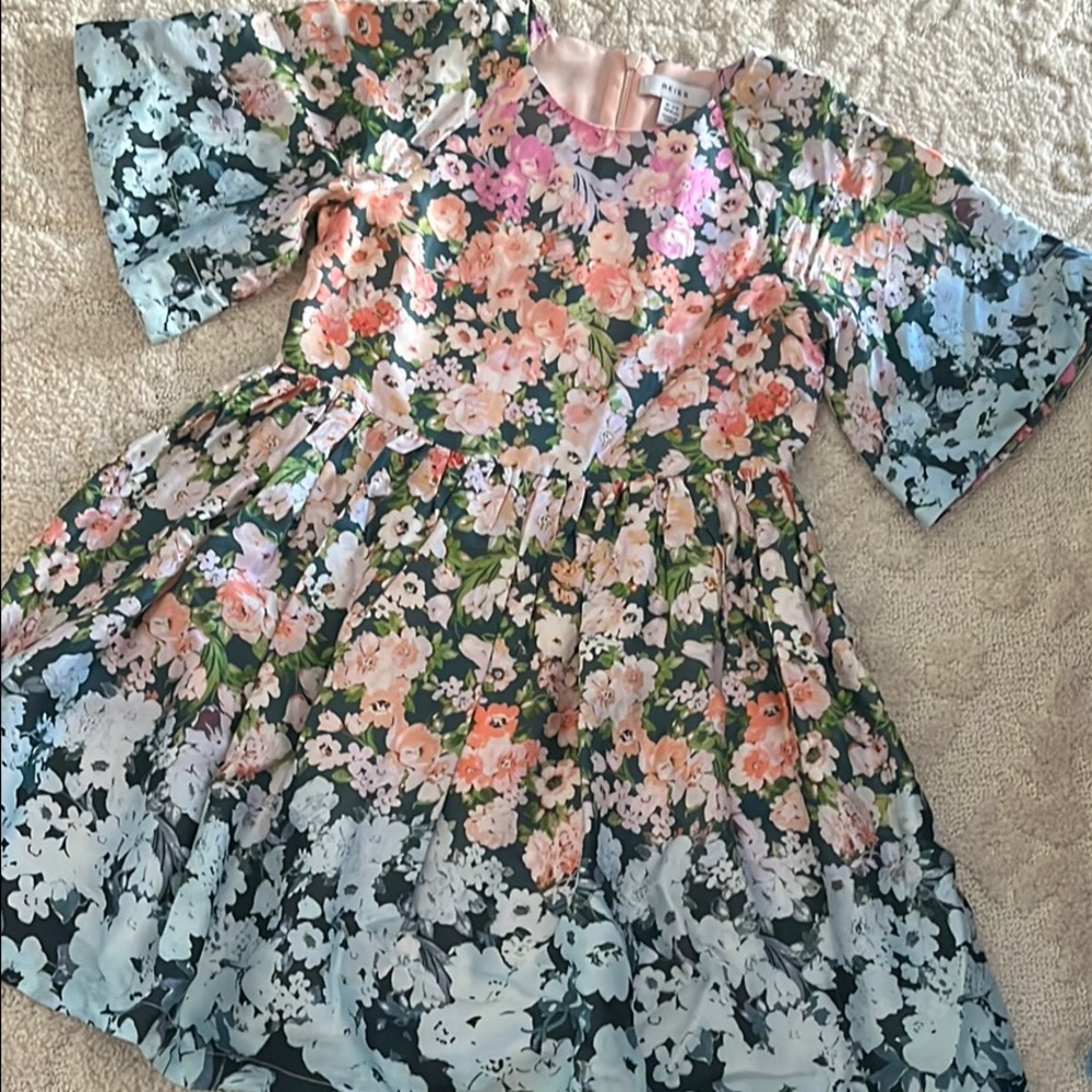 Reiss Floral Kids Dress in Pink and Green
